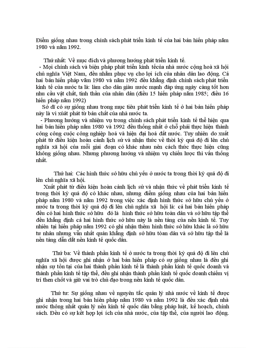 Điểm giống nhau trong chính sách phát triển kinh tế của hai bản hiến pháp năm 1980 và năm 1992