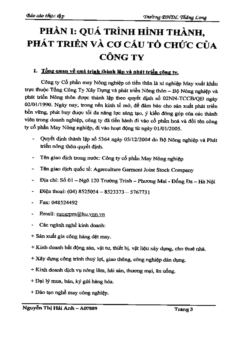 Báo cáo thực tập tại công ty cổ phần May Nông nghiệp