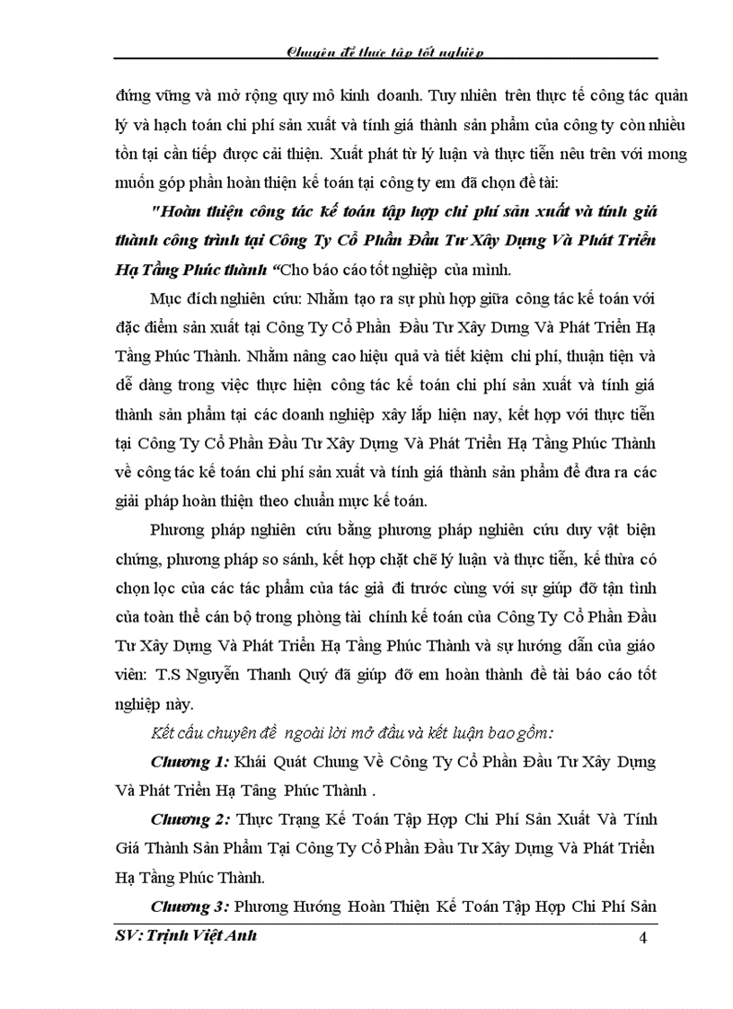 Hoàn thiện công tác kế toán tập hợp chi phí sản xuất và tính giá thành công trình tại Công Ty Cổ Phần Đầu Tư Xây Dựng Và Phát Triển Hạ Tầng Phúc thành