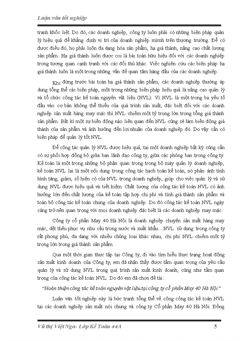 image for page Hoàn thiện công tác kế toán nguyên vật liệu tại công ty cổ phần May 40 Hà Nội
