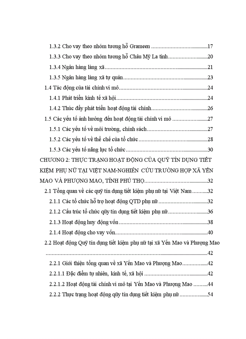 Phát triển Quỹ tín dụng tiết kiệm phụ nữ tại Việt Nam Nghiên cứu trường hợp xã Yến Mao và Phượng Mao huyện Thanh Thuỷ tỉnh Phú Thọ