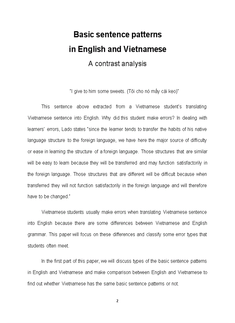 Basic sentence patterns in English and Vietnamese