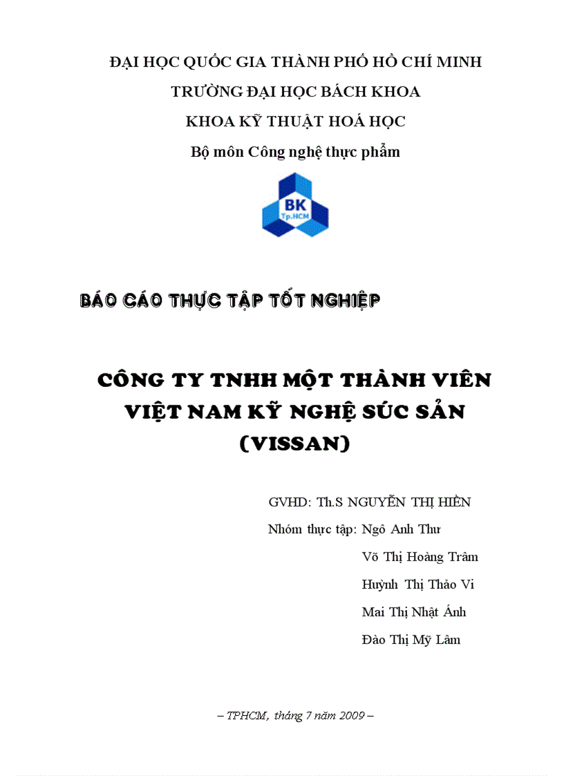 Báo cáo tại Công ty TNHH Một thành viên Việt Nam Kỹ nghệ Súc Sản VISSAN
