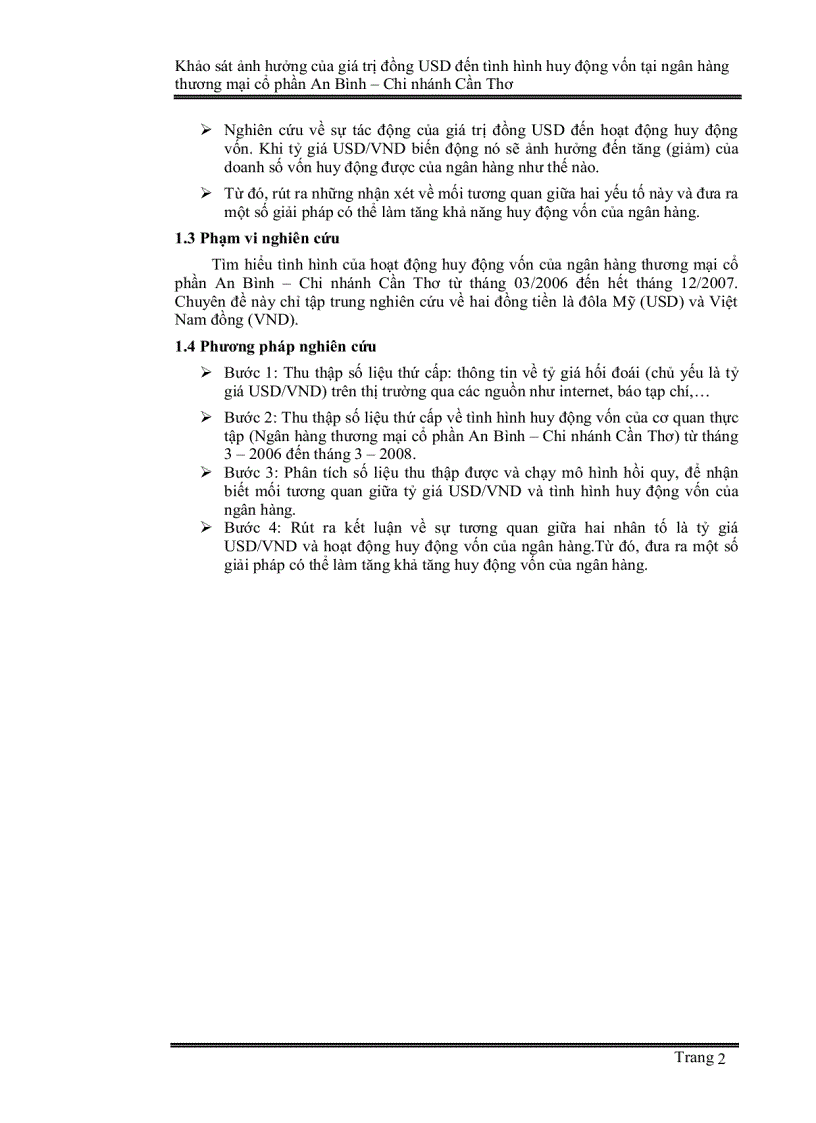 Khảo sát ảnh hưởng của giá trị đồng USD đến tình hình huy động vốn tại ngân hàng thương mại cổ phần An Bình Chi nhánh Cần Thơ