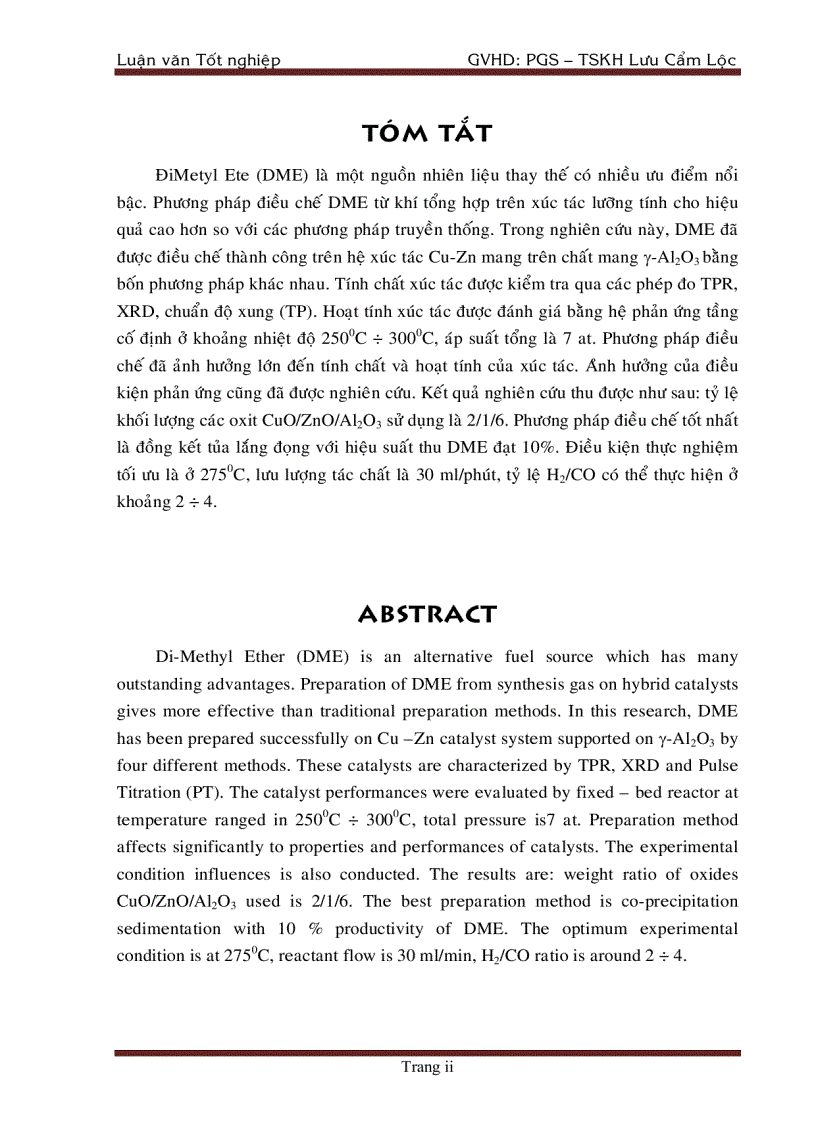 image for page Tổng Hợp DiMethyl Ete Từ Khí Tổng Hợp Trên Xúc Tác chat mang Al2O3
