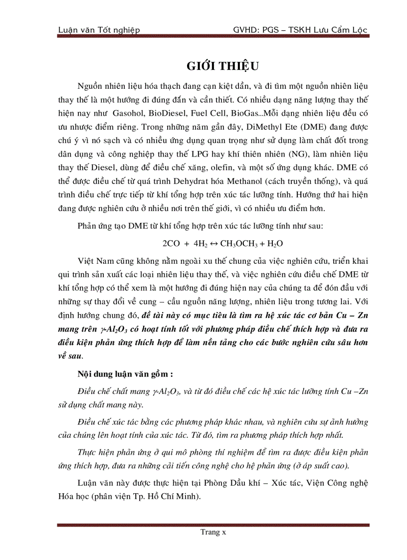 image for page Tổng Hợp DiMethyl Ete Từ Khí Tổng Hợp Trên Xúc Tác chat mang Al2O3