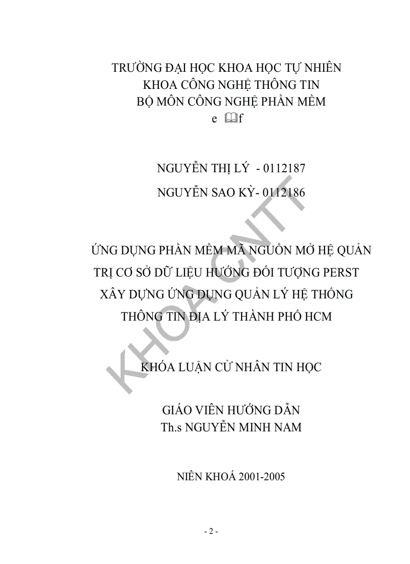 Ứng dụng phần mềm mã nguồn mở hệ quản trị cơ sở dữ liệu hướng đối tượng PERST xây dựng ứng dụng quản lý hệ thống thông tin địa lý TPHCM