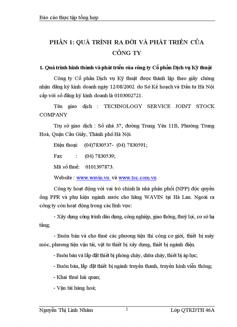 Báo cáo thực tập tại công ty Cổ phần Dịch vụ Kỹ thuật
