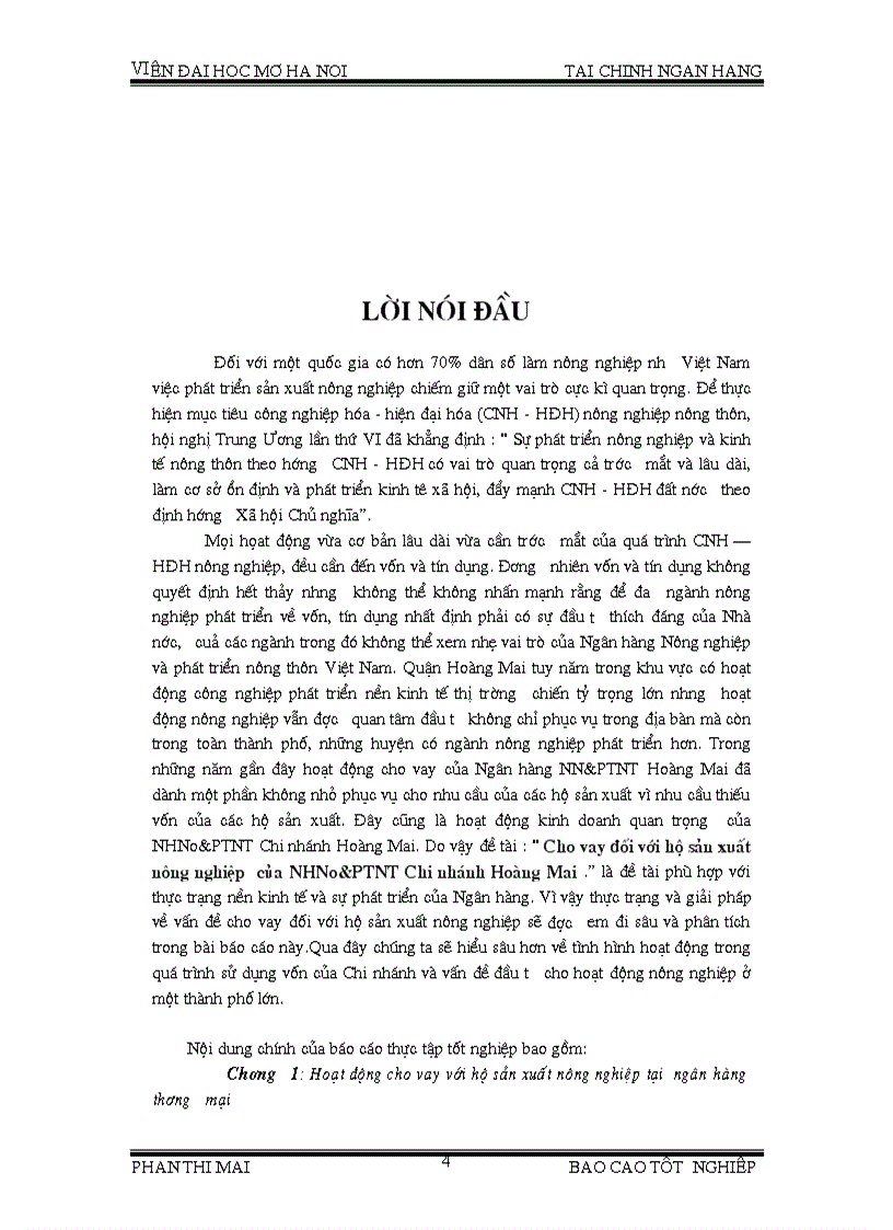 Cho vay đối với hộ sản xuất nông nghiệp của Ngân ha ng nông nghiê p va pha t triê n nông thôn Chi nhánh Hoàng Mai