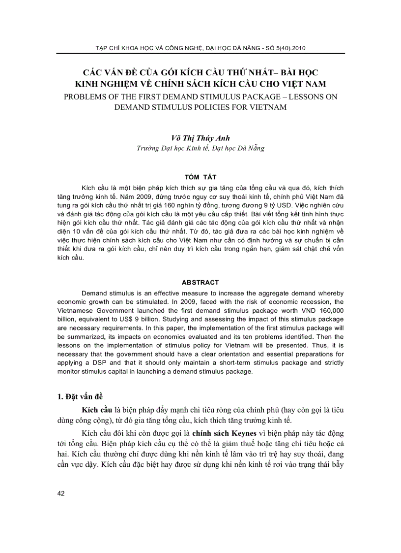 Các vấn đề của gói kích cầu thứ nhất bài học kinh nghiệm về chính sách kích cầu cho việt nam