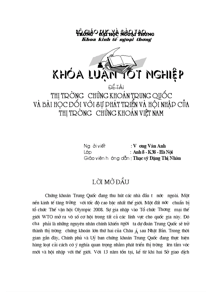 Thị trường chứng khoán Trung Quốc và Bài học cho sự phát triển và hội nhập thị trường chứng khoán Việt Nam