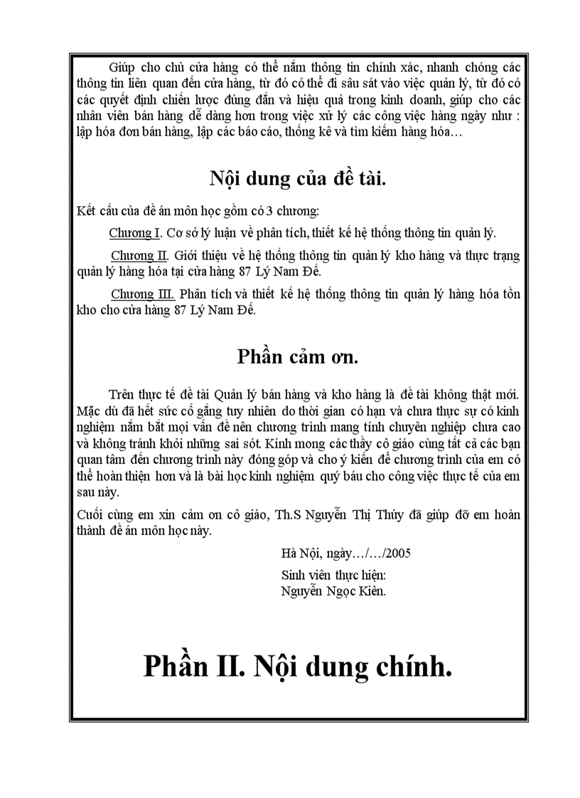 Hệ thống thông tin quản lý kho hàng cho cửa hàng 87 Lý Nam Đế bằng Hệ quản trị cơ sở dữ liệu Visual Foxpro 7 0