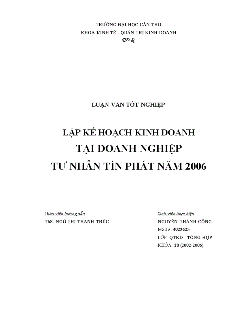 Lập kế hoạch kinh doanh tại Doanh Nghiệp Tư Nhân Tín Phát năm 2006