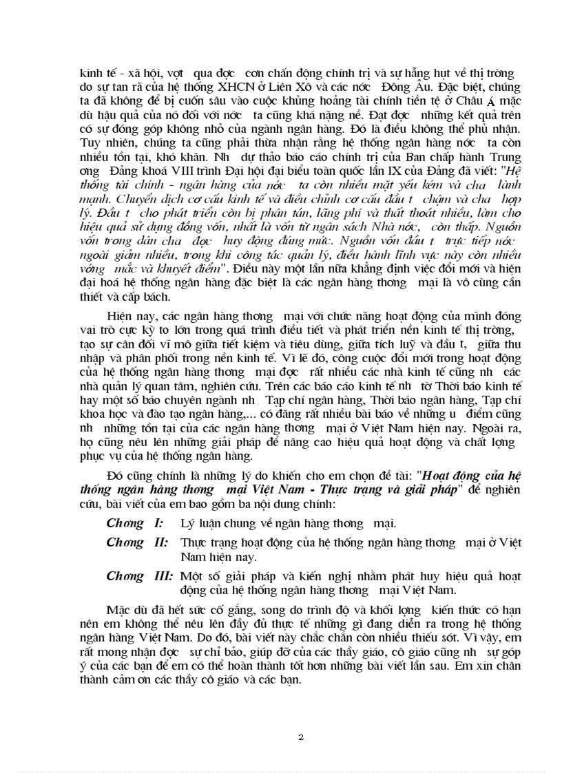Hoạt động của hệ thống ngân hàng thương mại Việt Nam Thực trạng Giải pháp