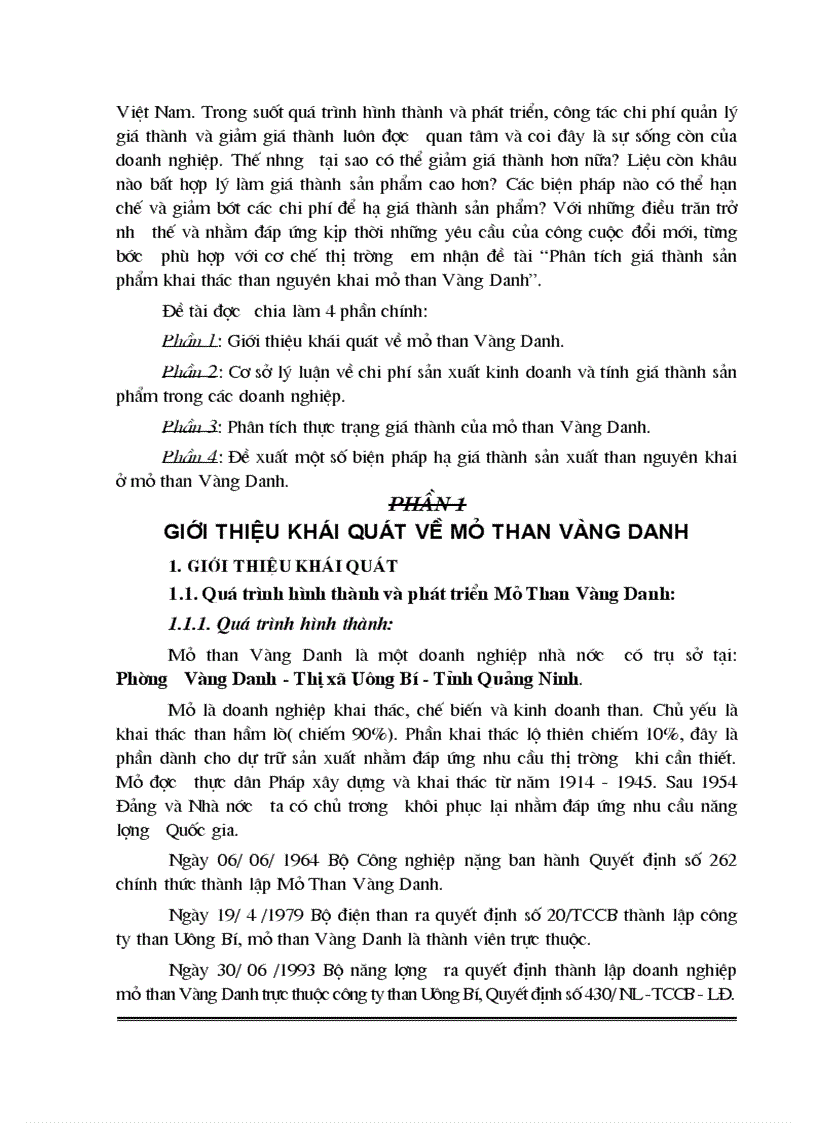 image for page Phân tích giá thành sản phẩm khai thác than nguyên khai mỏ than Vàng Danh