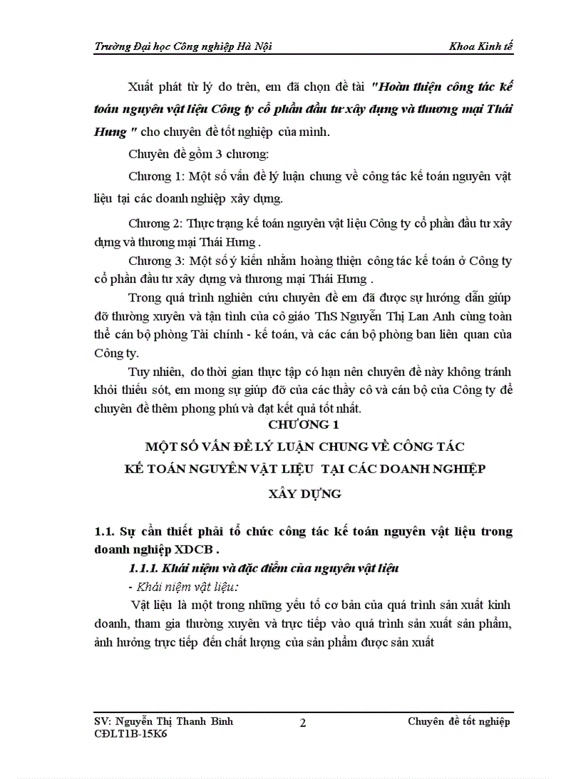 Hoàn thiện công tác kế toán nguyên vật liệu Công ty cổ phần đầu tư xây dựng và thương mại Thái Hưng
