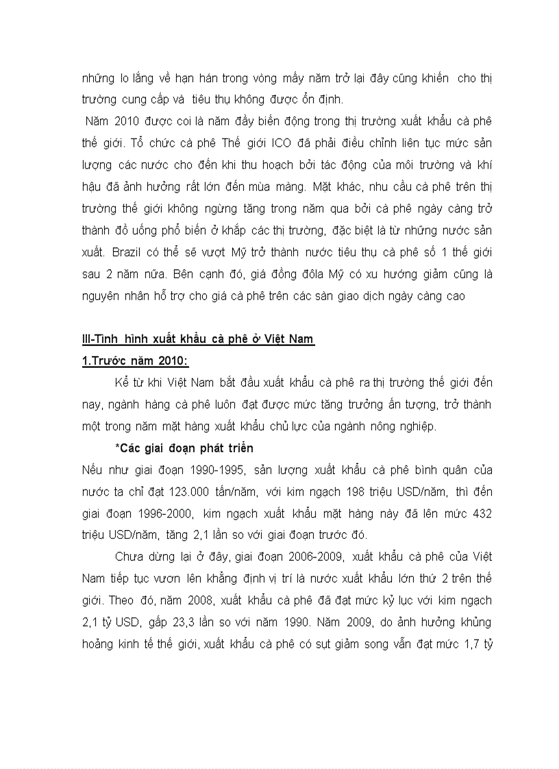 Tình hình xuất khẩu cà phê của Việt Nam năm 2010