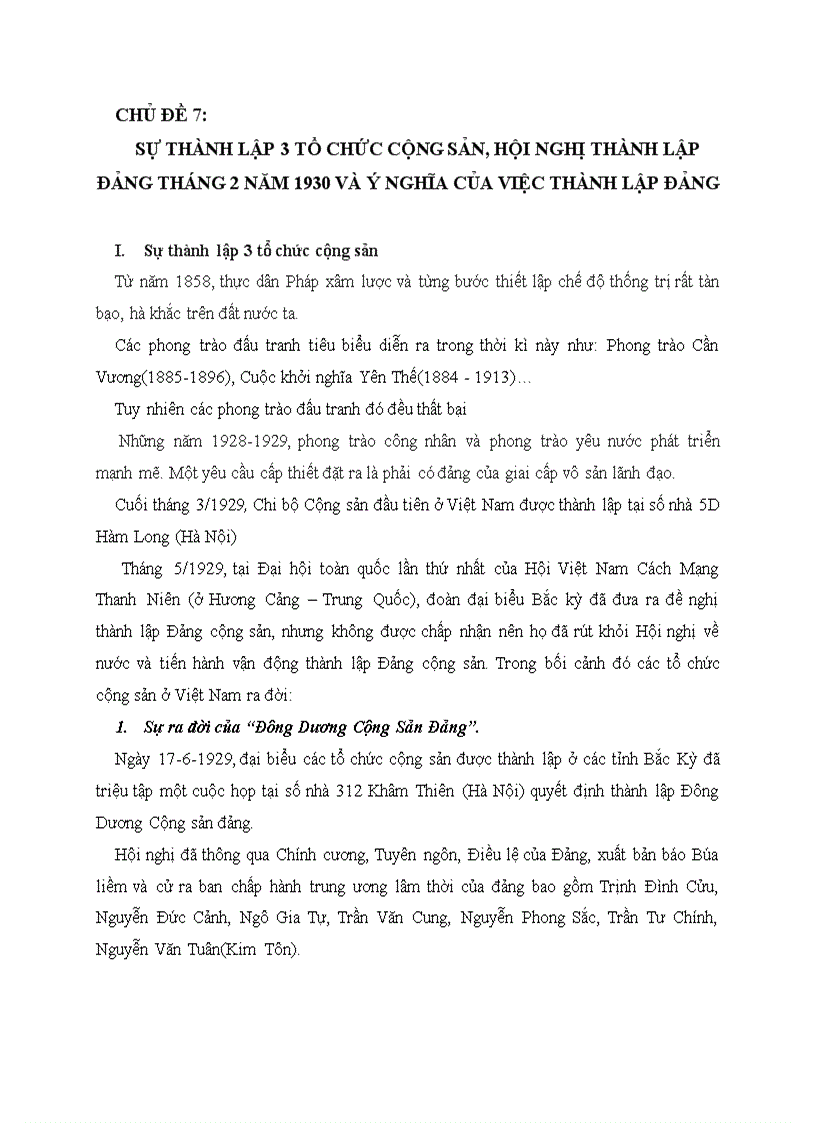 image for page Chủ đề Sự thành lập 3 tổ chức cộng sản hội nghị thành lập đảng tháng 2 năm 1930 và ý nghĩa của việc thành lập đảng