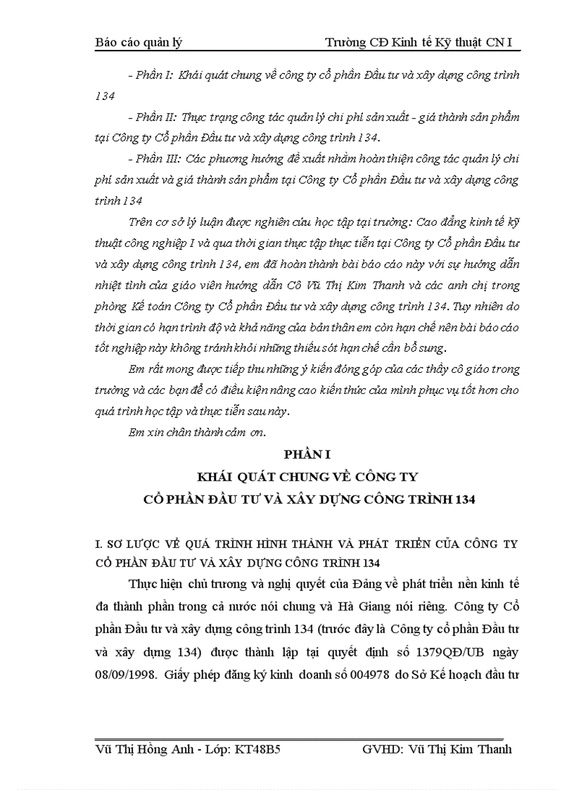 Công tác quản lý và tính giá thành sản phẩm tại Công ty Cổ phần Đầu tư và xây dựng công trình 134