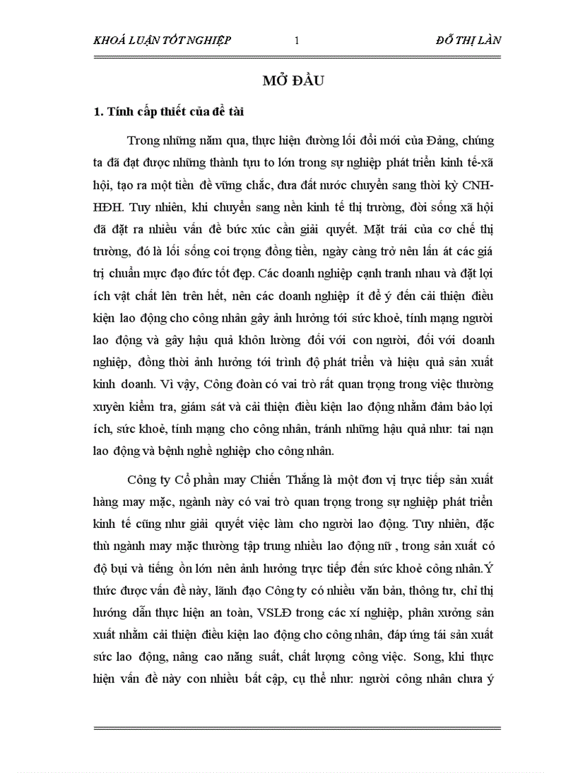 image for page Vai trò của Công đoàn trong việc cải thiện điều kiện lao động cho công nhân Qua khoả sát tại Công ty CP may Chiến Thắng năm 2006