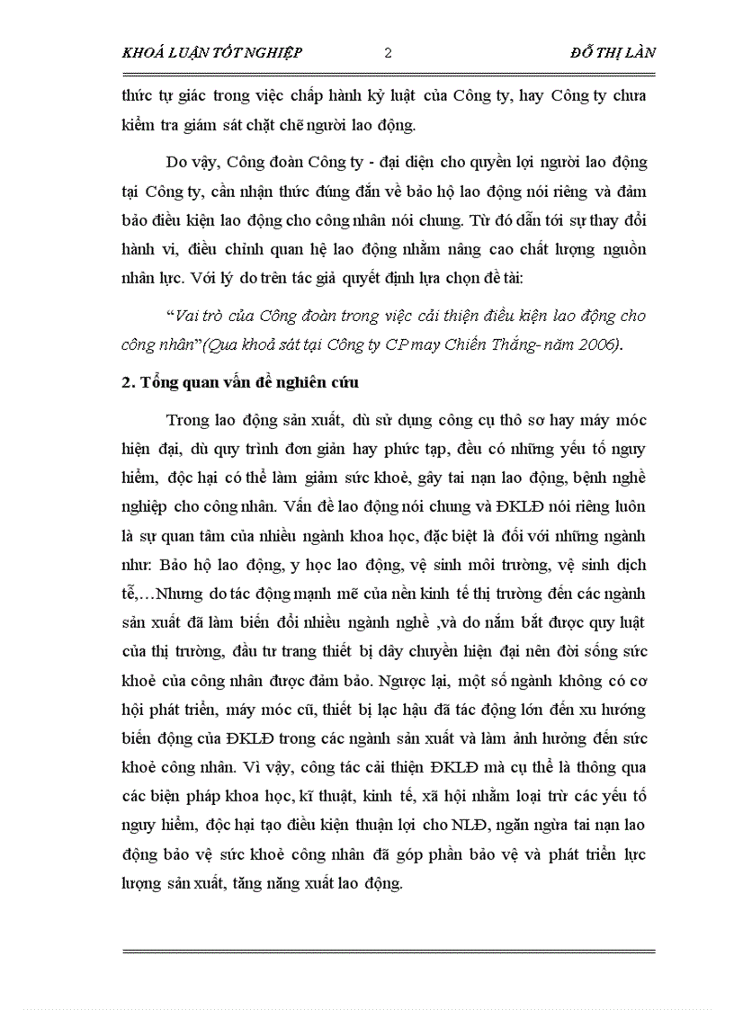 image for page Vai trò của Công đoàn trong việc cải thiện điều kiện lao động cho công nhân Qua khoả sát tại Công ty CP may Chiến Thắng năm 2006