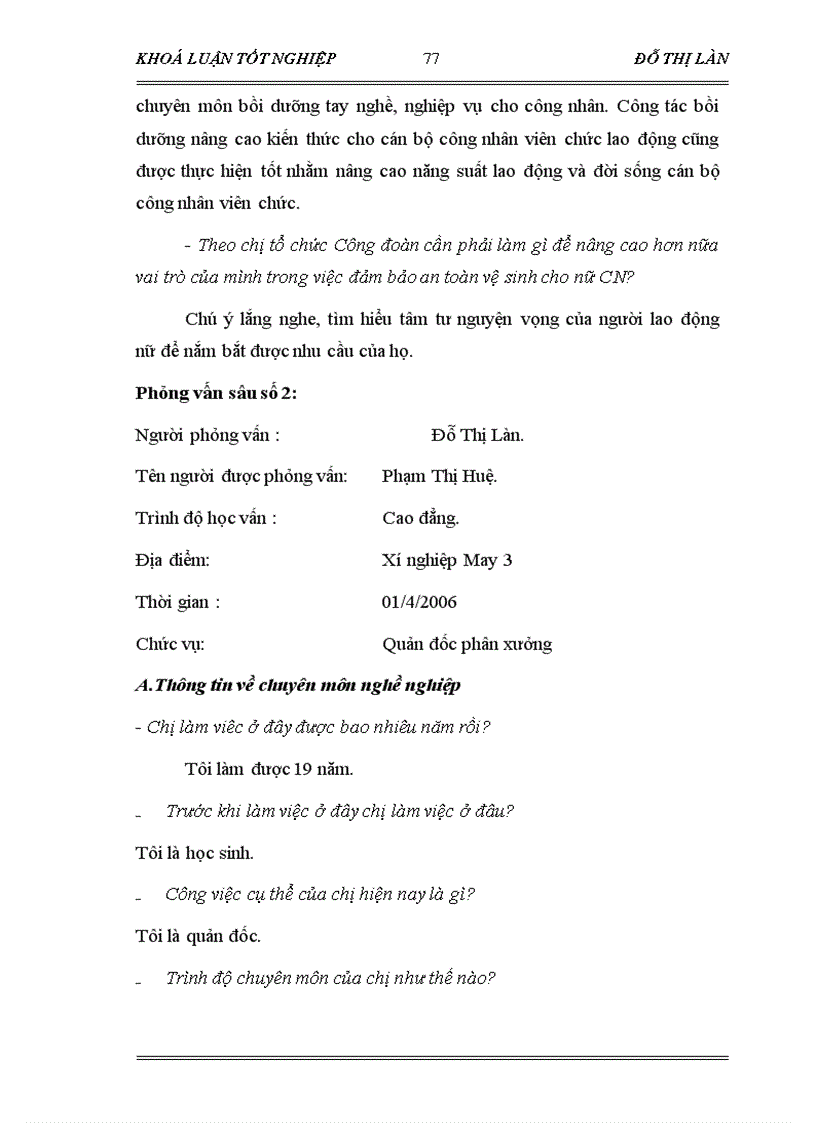 image for page Vai trò của Công đoàn trong việc cải thiện điều kiện lao động cho công nhân Qua khoả sát tại Công ty CP may Chiến Thắng năm 2006