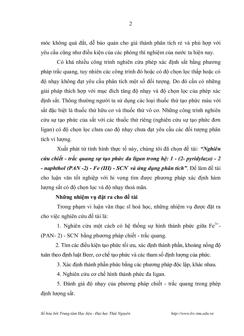 image for page Nghiên cứu chiết trắc quang sự tạo phức đa ligan trong hệ 1 2 pyridylazo 2 naphthol PAN 2 Fe III SCN và ứng dụng phân tích