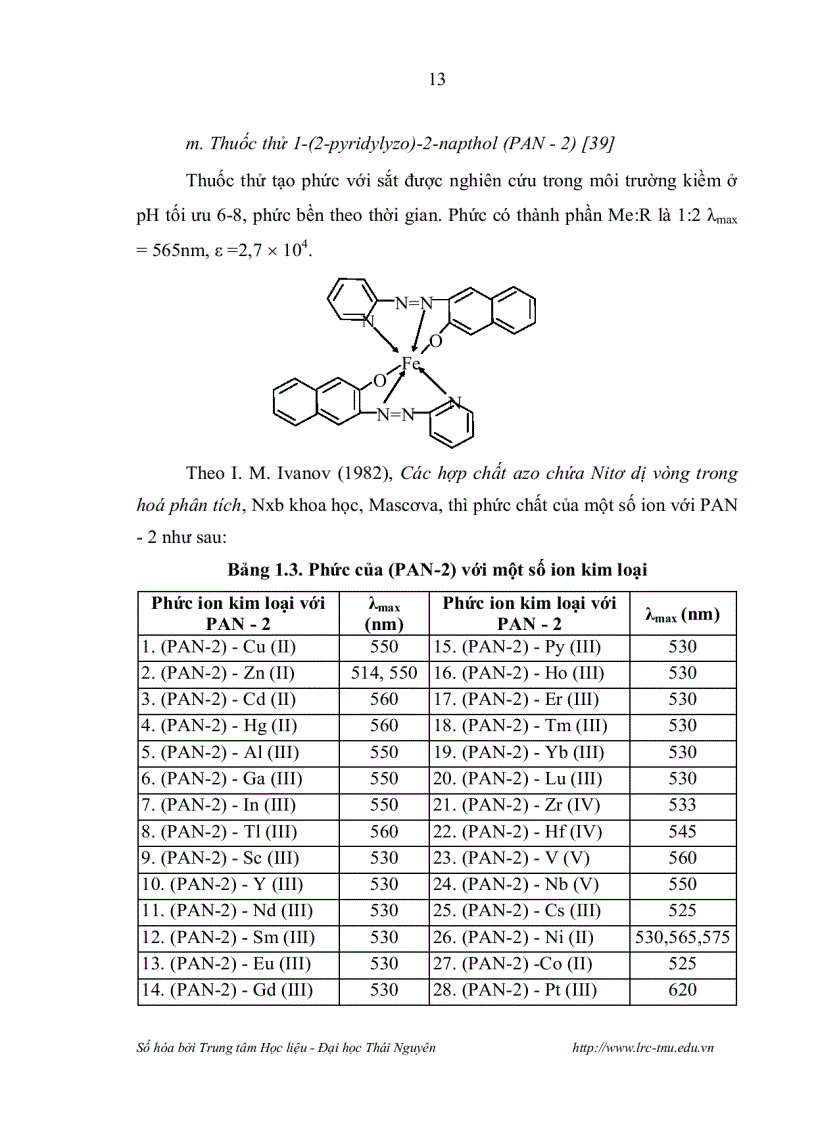 image for page Nghiên cứu chiết trắc quang sự tạo phức đa ligan trong hệ 1 2 pyridylazo 2 naphthol PAN 2 Fe III SCN và ứng dụng phân tích