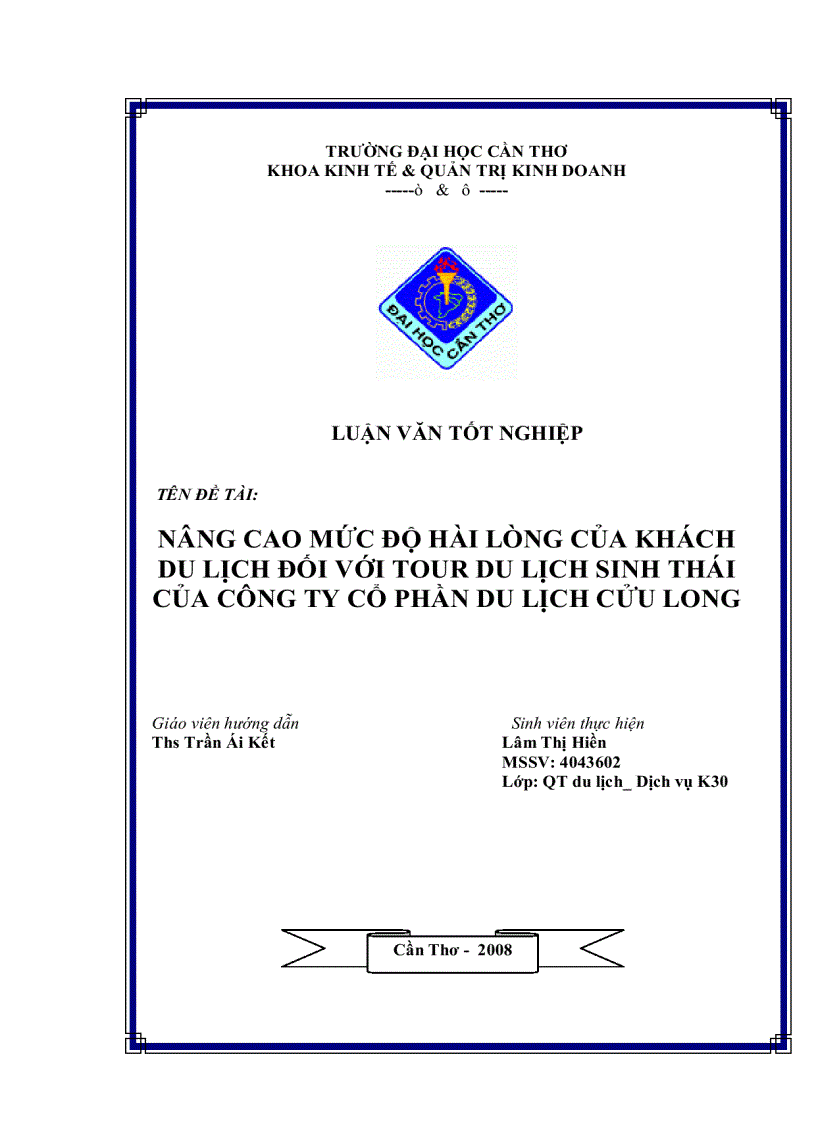 image for page Nâng cao mức độ hài lòng của khách du lịch đối với tour du lịch sinh thái của công ty cổ phần du lịch cửu long
