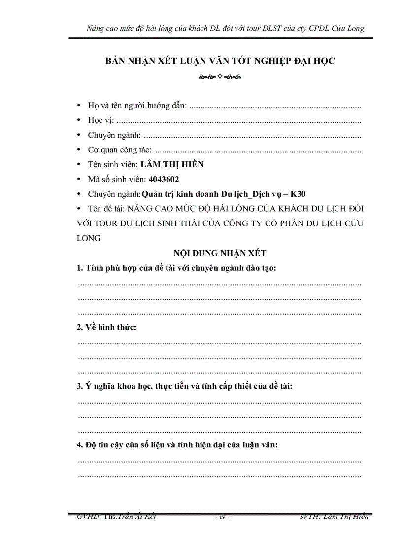 image for page Nâng cao mức độ hài lòng của khách du lịch đối với tour du lịch sinh thái của công ty cổ phần du lịch cửu long