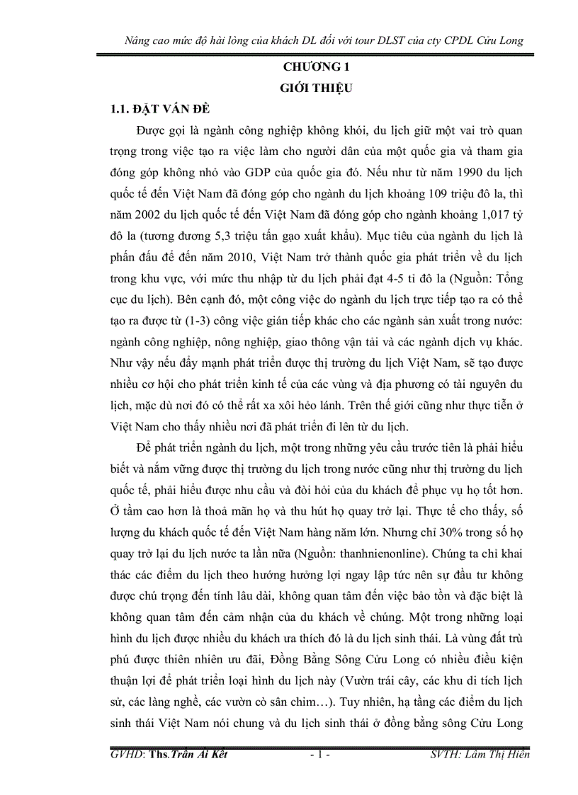 image for page Nâng cao mức độ hài lòng của khách du lịch đối với tour du lịch sinh thái của công ty cổ phần du lịch cửu long