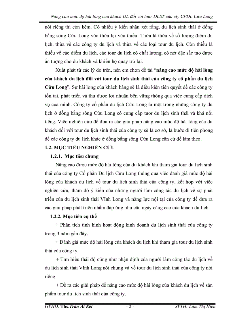 image for page Nâng cao mức độ hài lòng của khách du lịch đối với tour du lịch sinh thái của công ty cổ phần du lịch cửu long