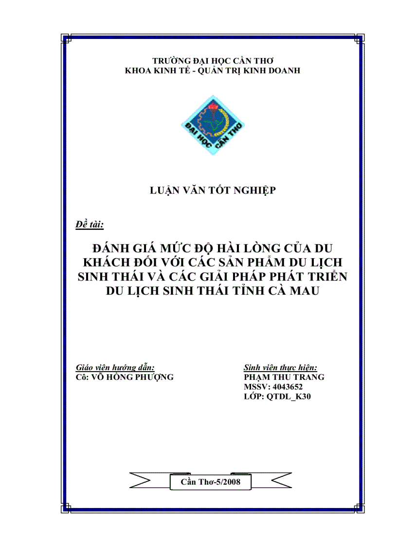 image for page Đánh giá mức độ hài lòng của du khách đối với các sản phẩm du lịch sinh thái và các giải pháp phát triển du lịch sinh thái tỉnh cà mau