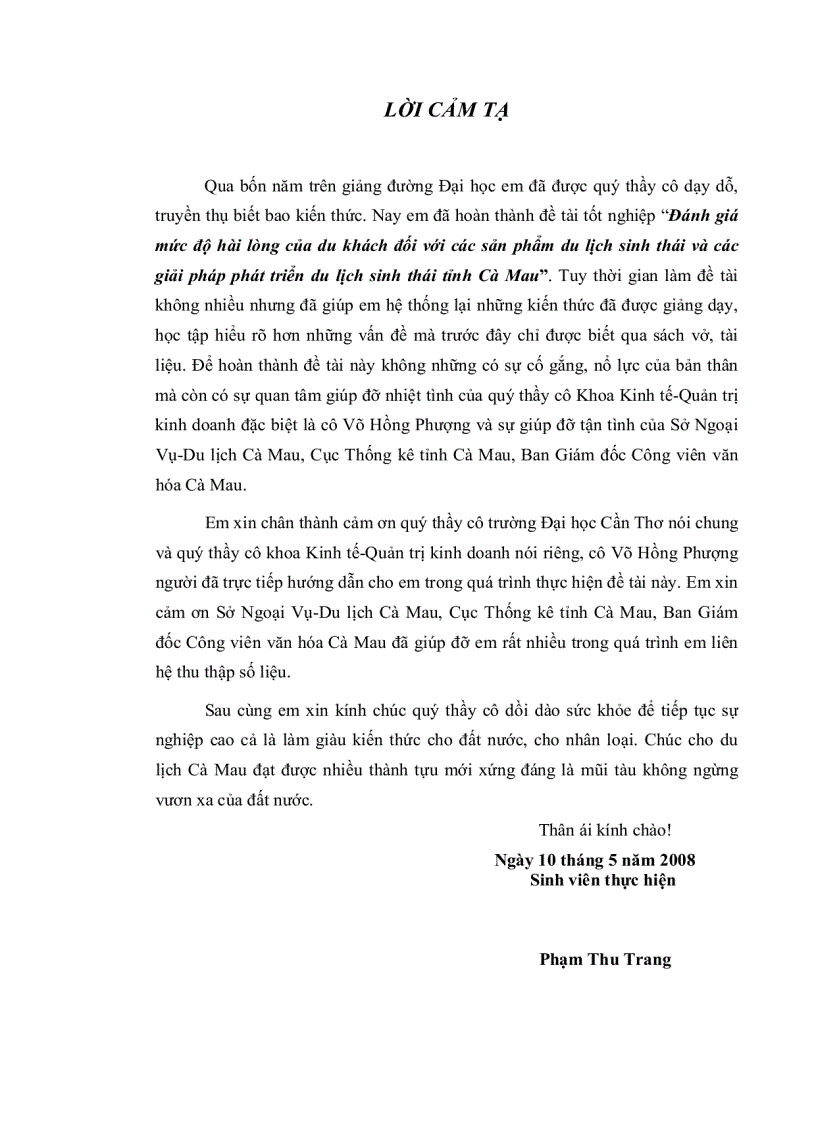 image for page Đánh giá mức độ hài lòng của du khách đối với các sản phẩm du lịch sinh thái và các giải pháp phát triển du lịch sinh thái tỉnh cà mau