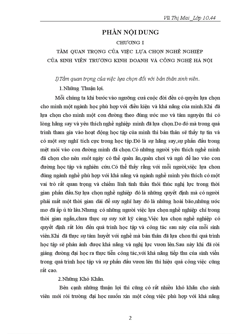 Sự lựa chon nghề nghiệp của sinh viên trường Kinh Doanh Và Công Nghệ Trong nền kinh tế thị trường