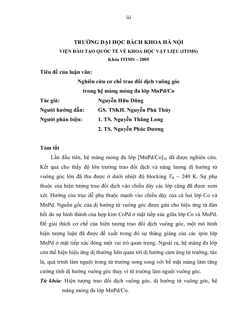 Luận văn thạc sĩ khoa học Nghiên cứu cơ chế trao đổi dịch vuông góc trong hệ màng mỏng đa lớp MnPd Co