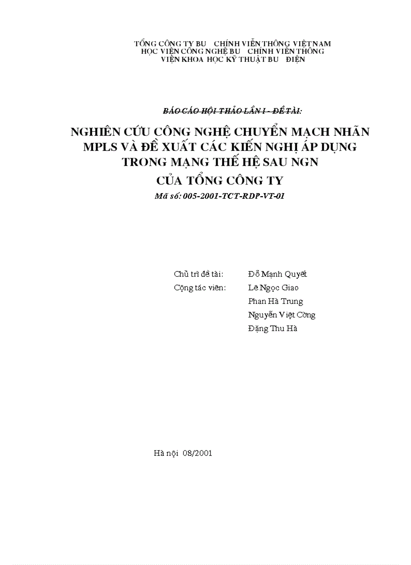 Nghiên cứu công nghệ chuyển mạch nhãn MPLS và đề xuất các kiến nghị áp dụng trong mạng thế hệ sau NGN của Tổng công ty