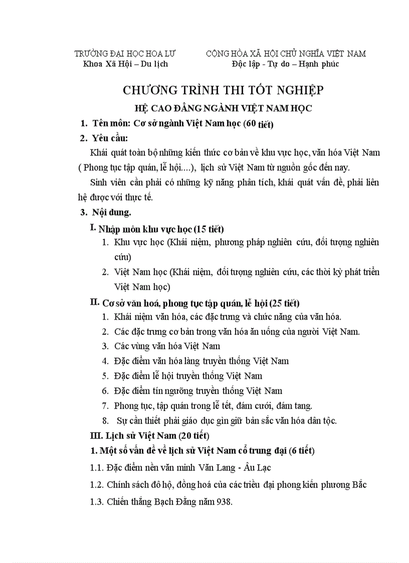 Đề cương ôn thi tốt nghiệp đại học ngành Việt Nam học