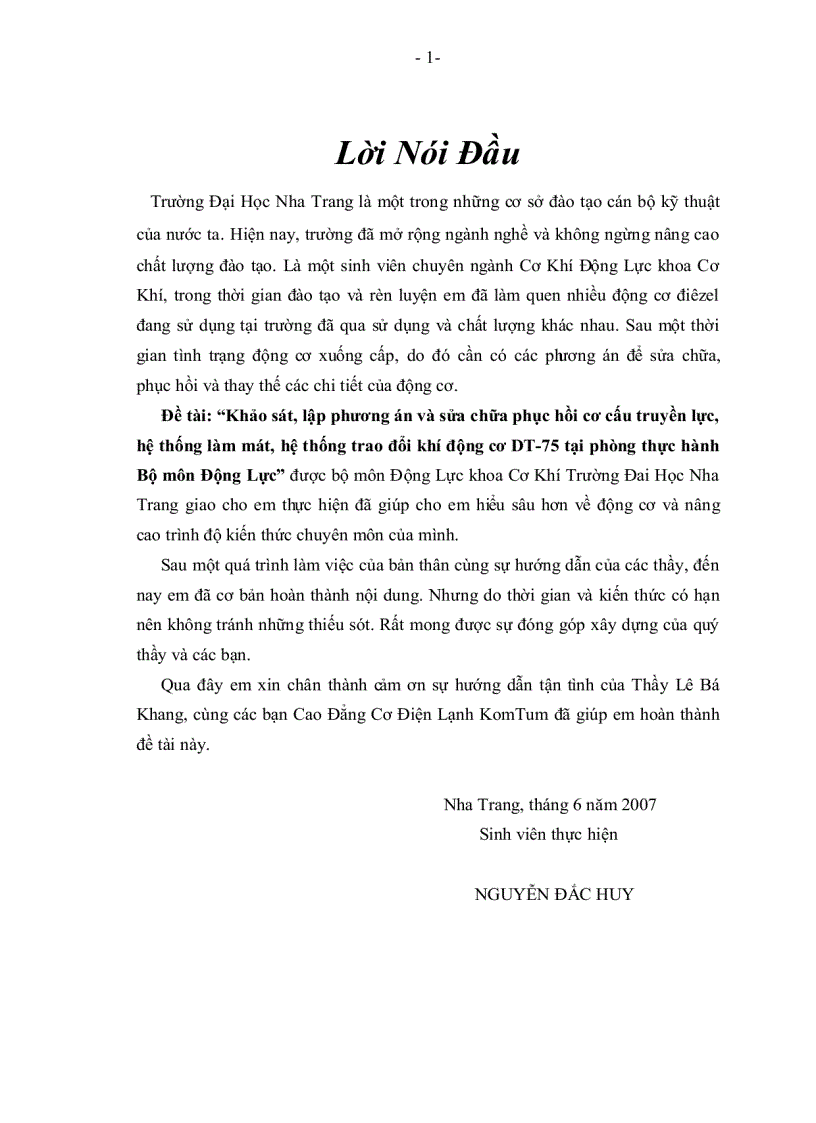 image for page Khảo sát lập phương án và sửa chữa phục hồi cơ cấu truyền lực hệ thống làm mát hệ thống trao đổi khí động cơ DT 75