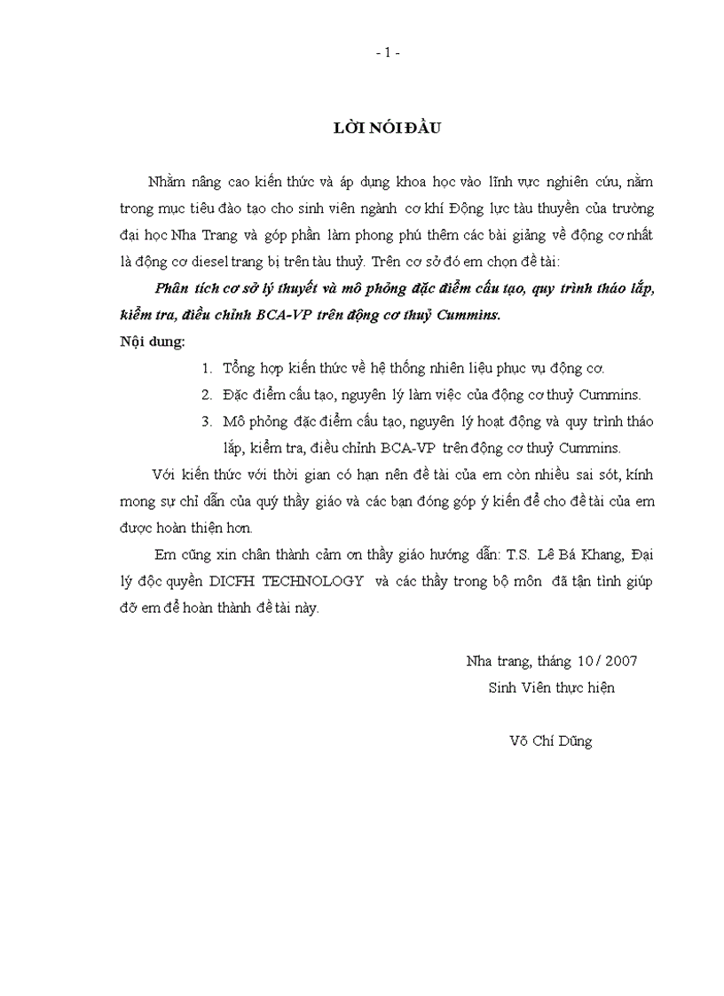 Phân tích cơ sở lý thuyết và mô phỏng đặc điểm cấu tạo quy trình tháo lắp kiểm tra điều chỉnh BCA VP trên động cơ thuỷ Cummins doc
