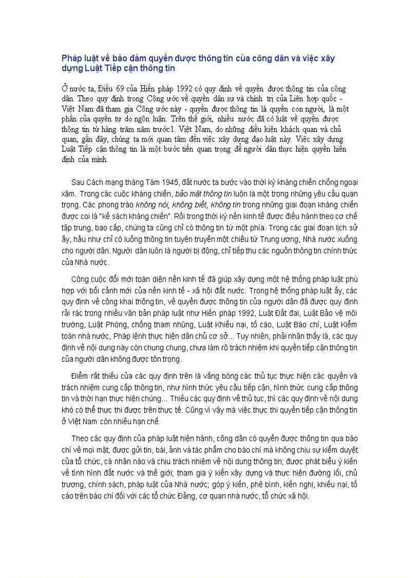 Pháp luật về bảo đảm quyền được thông tin của công dân và việc xây dựng Luật Tiếp cận thông tin