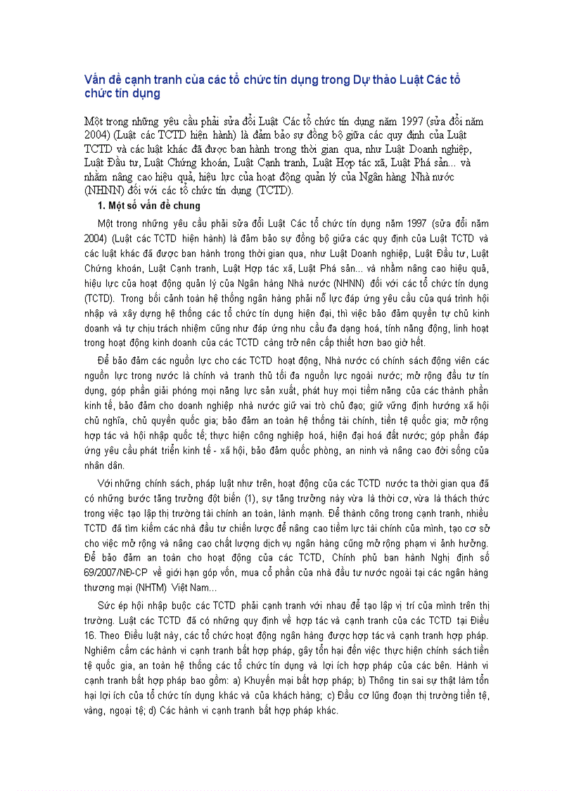 image for page Vấn đề cạnh tranh của các tổ chức tín dụng trong Dự thảo Luật Các tổ chức tín dụng