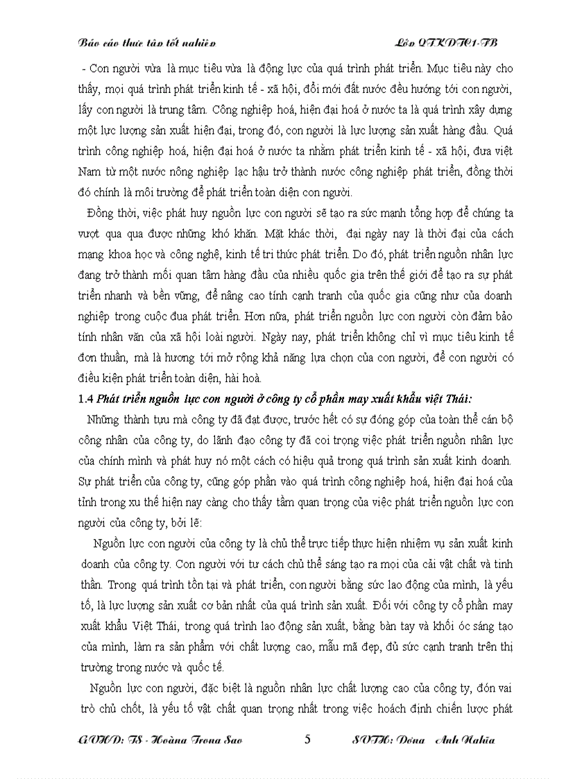 Thực trạng và xu hướng phát triển nguồn lực con người của công ty cổ phần may xuất khẩu việt thái thái bình