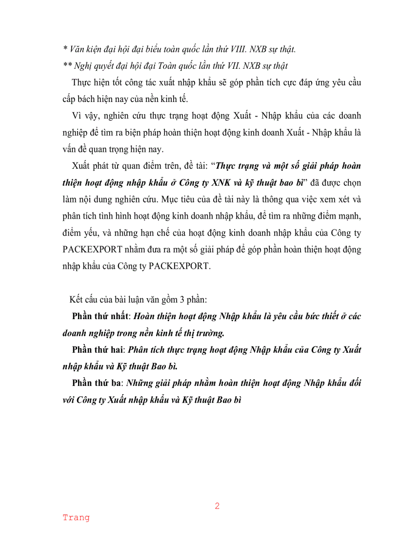 Thực trạng và một số giải pháp hoàn thiện hoạt động nhập khẩu ở Công ty xuất nhập khẩu và kỹ thuật bao bì
