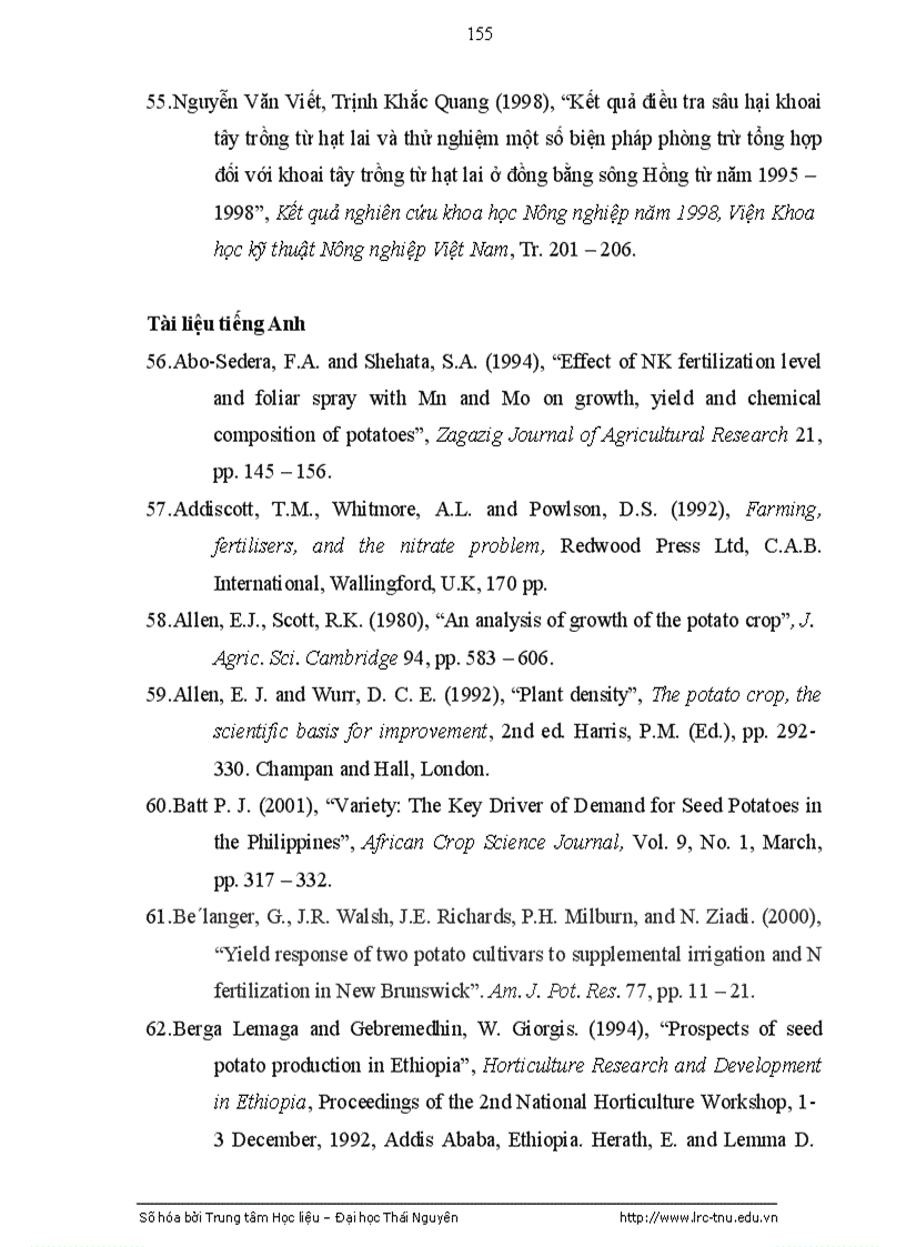 image for page Nghiên cứu đặc điểm sinh trưởng phát triển và biện pháp kỹ thuật tăng năng suất khoai tây trên đất ruộng một vụ lúa tại tỉnh Bắc Kạn