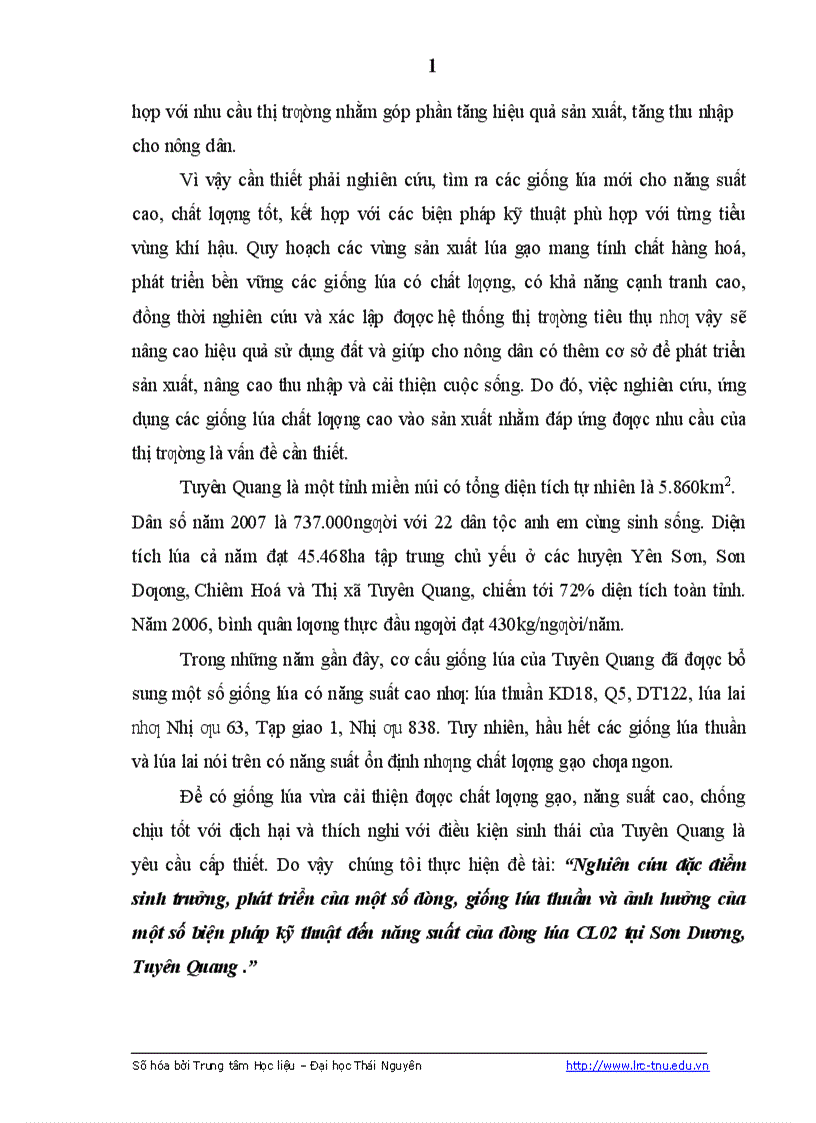 image for page Nghiên cứu đặc điểm sinh trưởng phát triển của một số dòng giống lúa thuần và ảnh hưởng của một số biện pháp kỹ thuật đến năng suất của dòng lúa CL02 tại Sơn Dương Tuyên Quang