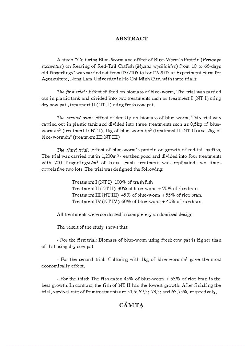 image for page Nuôi trùn quế và khảo sát ảnh hưởng của đạm trùn quế trong ương nuôi cá lăng nha Mystus wyckioides từ giai đoạn cá hương lên cá giống