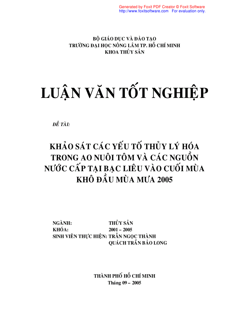 Khảo sát các yếu tố thủy lý hóa trong ao nuôi tôm và các nguồn nước cấp tại Bạc Liêu vào cuối mùa khô đầu mùa mưa 2005