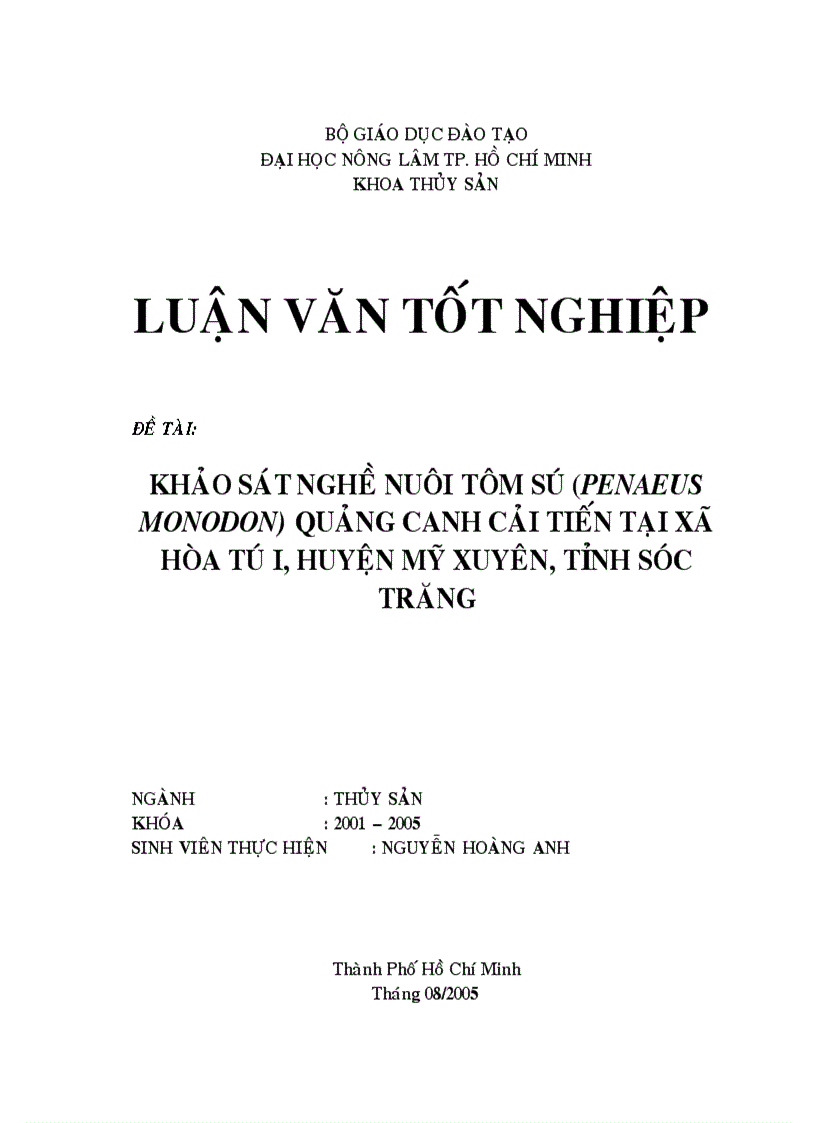 image for page Khảo sát nghề nuôi tôm sú Penaeus monodon quảng canh cải tiến tại xã Hòa Tú I huyện Mỹ Xuyên tỉnh Sóc Trăng