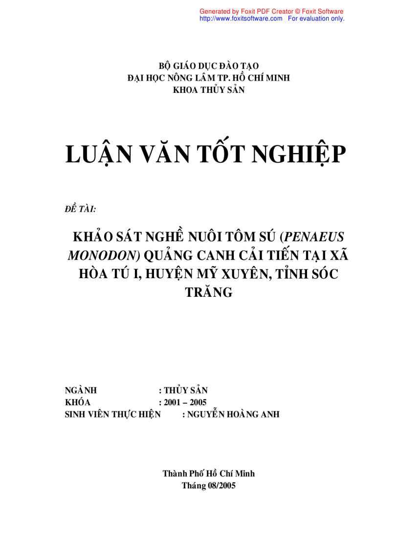 image for page Khảo sát nghề nuôi tôm sú Penaeus monodon quảng canh cải tiến tại xã Hòa Tú I huyện Mỹ Xuyên tỉnh Sóc Trăng
